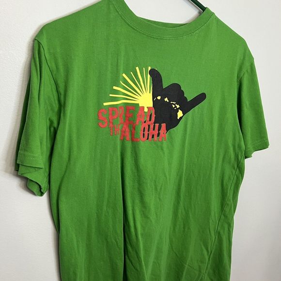 Seren Spread The Aloha Mens Medium Green T-Shirt Hang Loose Short Sleeve VGCond - Picture 2 of 7
